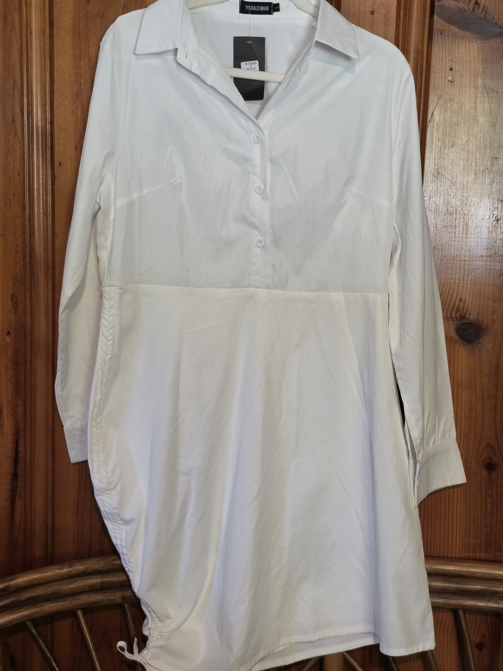 NWT Yishaleiman White Button Down Mini Shirt Dress L/S Ruched Size L